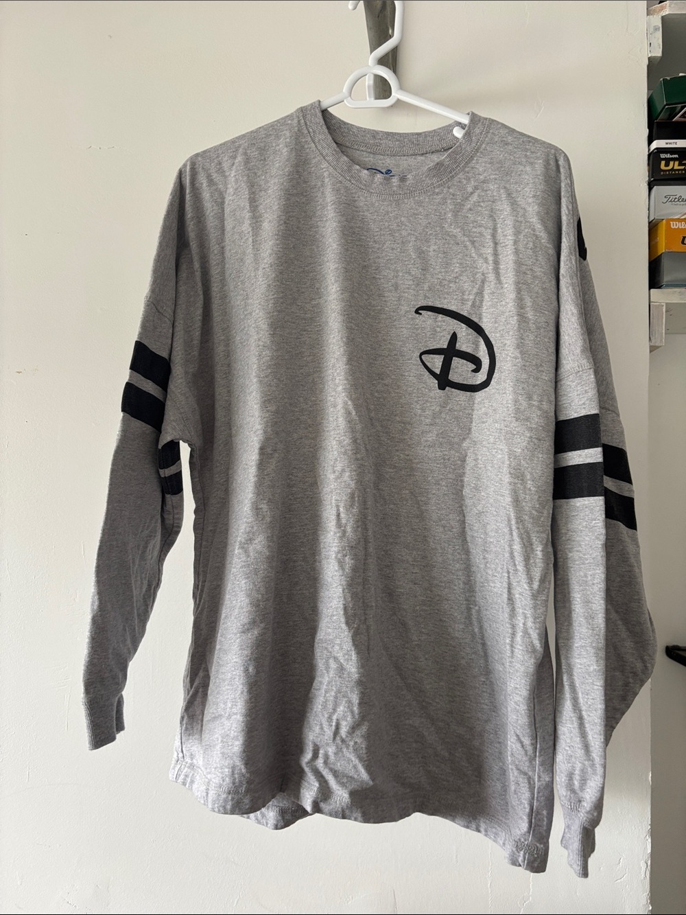Disney Gray Long Sleeve Spirit Jersey with Black Logo and Sleeve Stripes